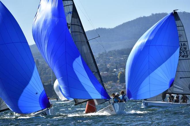 Export Roo (bow number 62 leading Porco Rosso on a fast spinnaker run. Export Roo won the championship, Porco Rosso finished a close fourth - SB20 Tasmanian State Championship © Jane Austin